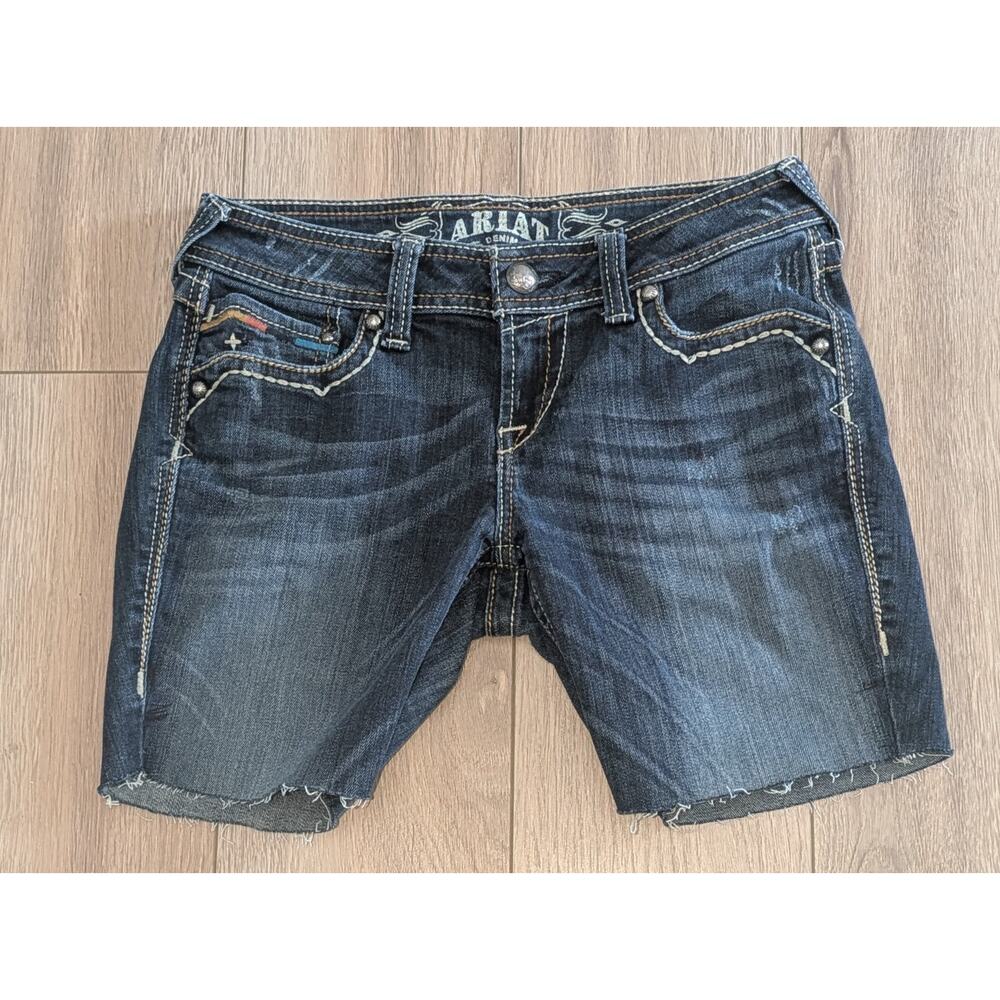 Ariat Ruby Cut Off Denim Shorts Flap Button Pockets Embroidered Western Sz 26R - Picture 2 of 5